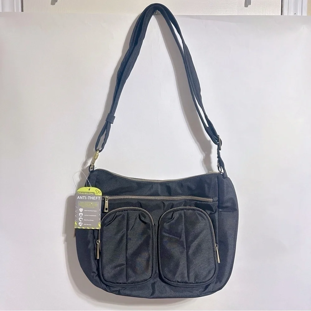 NWT Travelon Anti-Theft Twin Pocket black crossbody travel Hobo Bag - Picture 2 of 6
